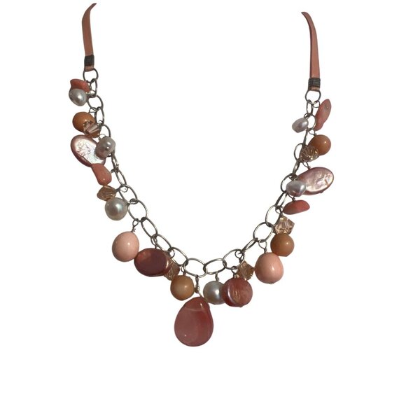 Vintage Peach Multi Ribbon Chain Necklace Pearl Glass Beads Estate Adj 16" + 2" - Picture 1 of 5